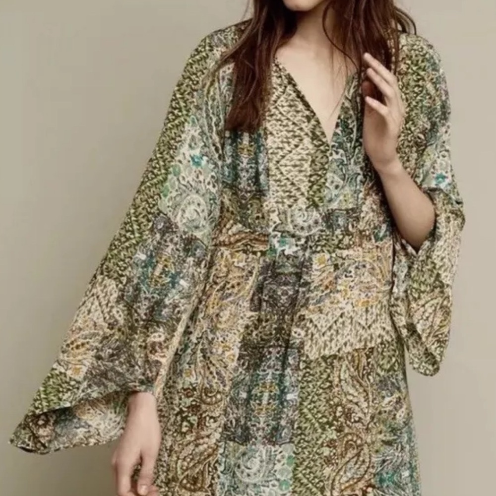 Anthropologie Green Long Sleeve Sundress Silk Kimono Dress NWT - Picture 2 of 14
